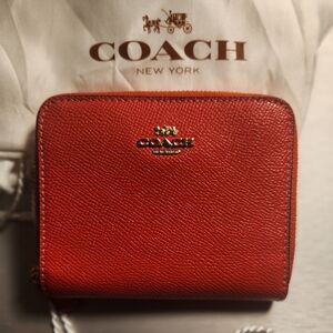 Coach Leather Wallet in Classic Red with Gold Hardware (With Bag)